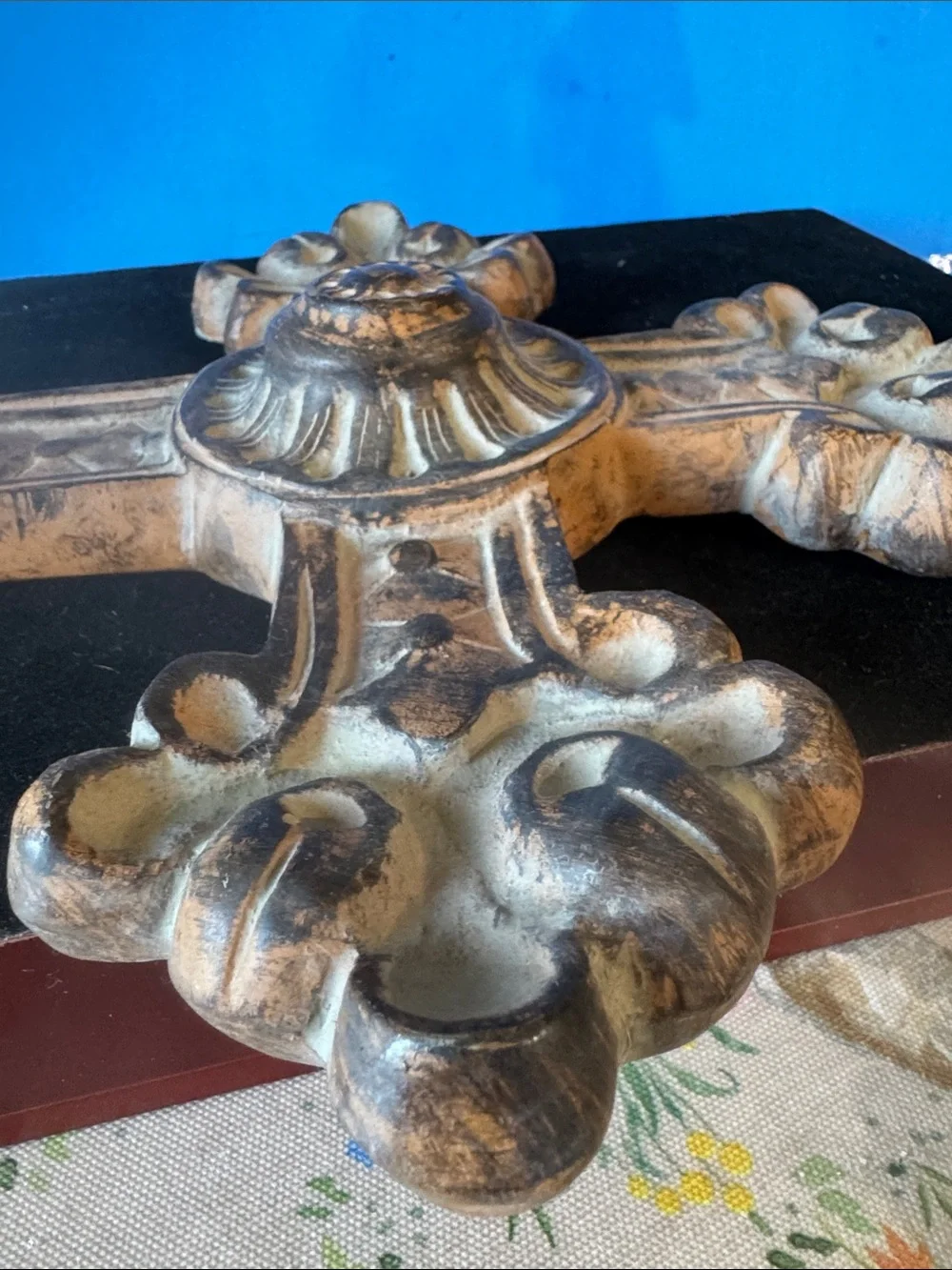 Ornate Decorative Wall Cross in Distressed Brown Finish